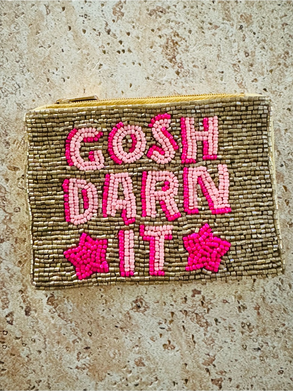 Beaded 'Gosh Darn It' Pink Accent Zip Pouch NWT